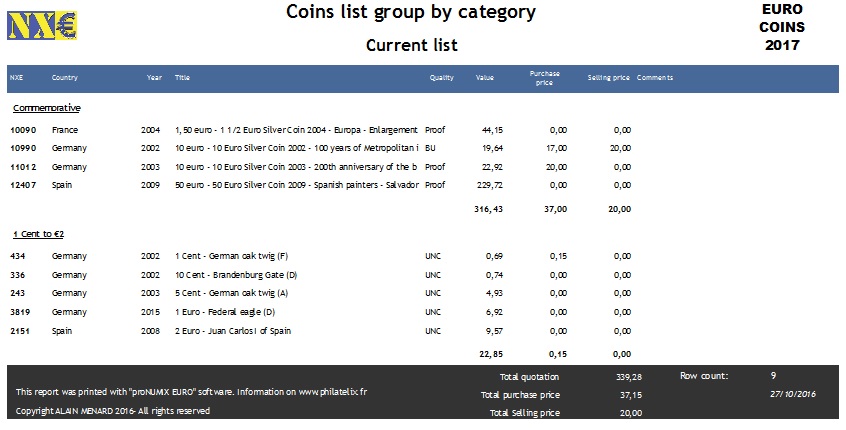 Monnaies Euro - Impression d'une liste de monnaies