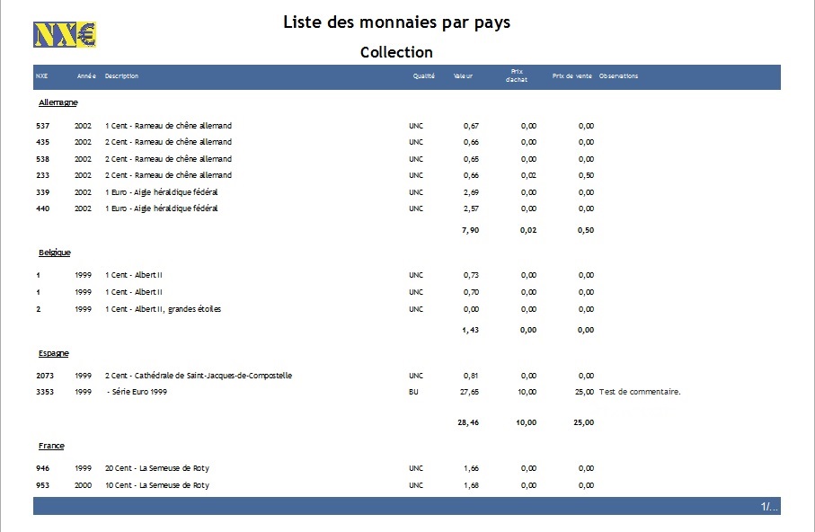 Monnaies Euro - Impression d'une liste de monnaies