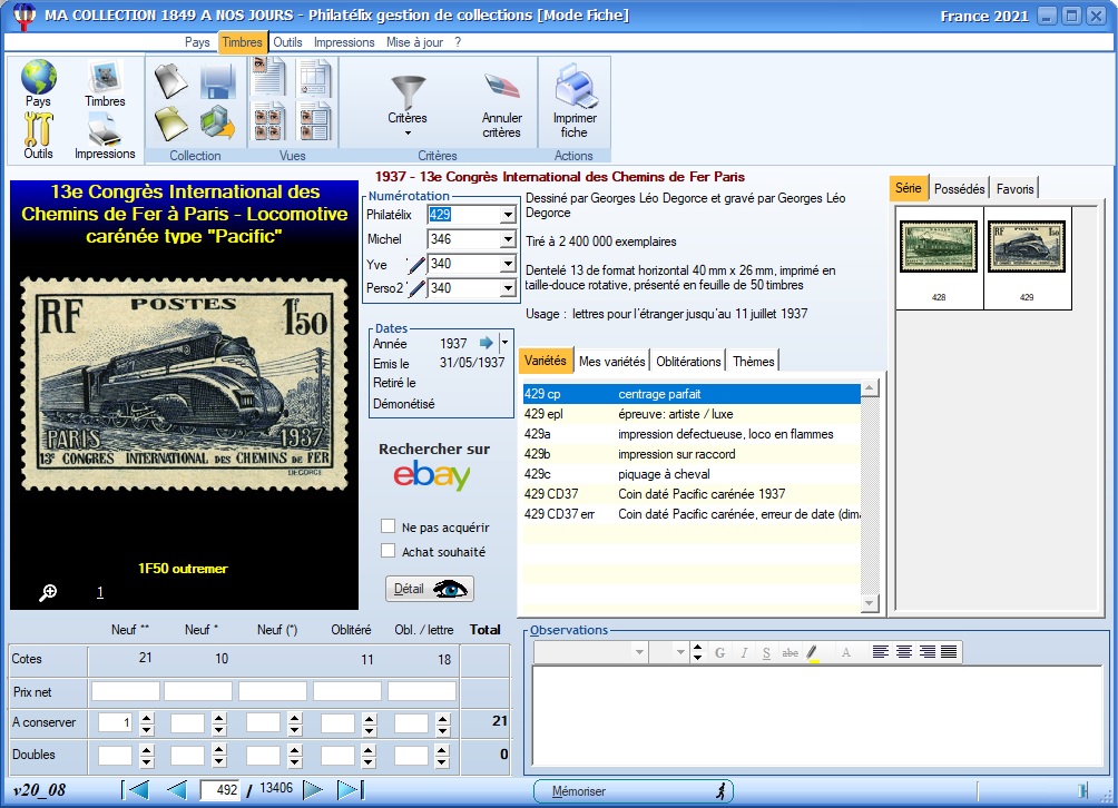 Logiciel de gestion de collection des timbres de France