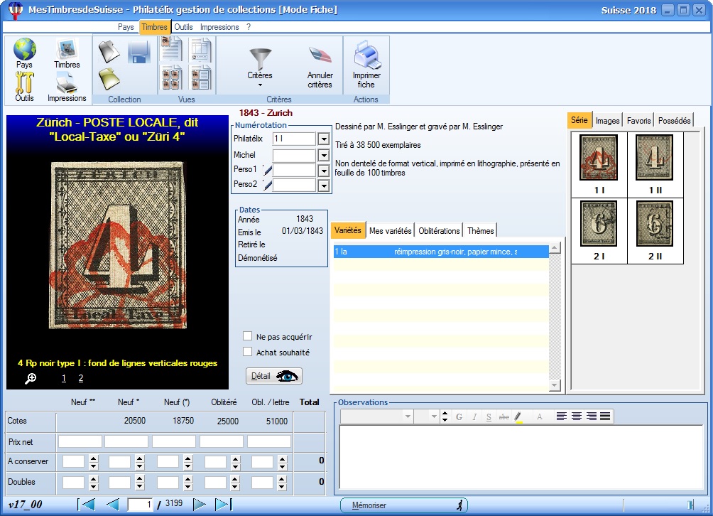 Gestion de collection des timbres de Suisse et du Liechtenstein